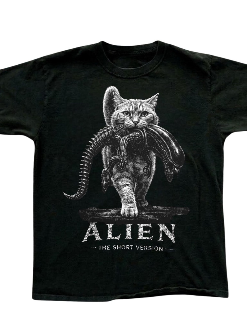 Gildan Black T‑Shirt with White Alien Cat Graphic, Gift For Her, For Him